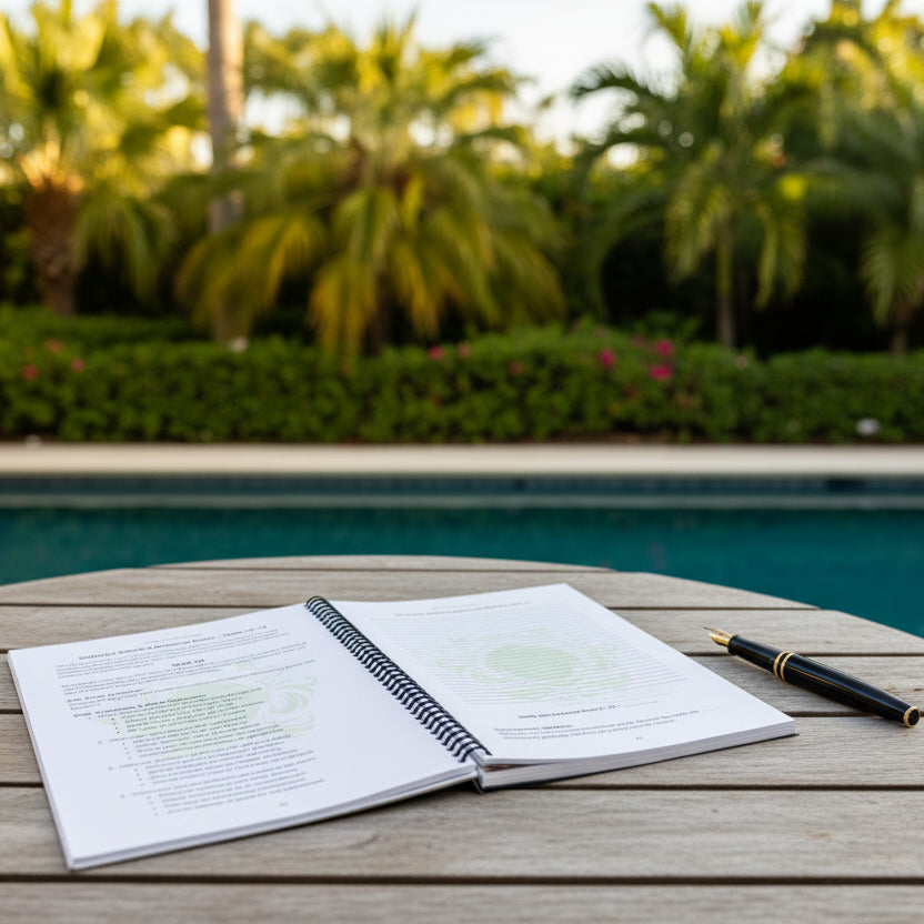 Virgo 52-Week Zodiac Journal on a patio table with a pool in the background and pen next to the journal.